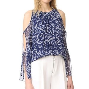 RAMY BROOK Norma Cold-Shoulder Top Blue and White Silk Blouse Top S
